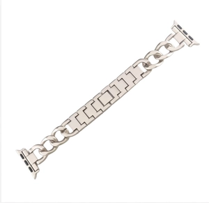 Detail view of the metal chain link Apple Watch strap with square links on white background
