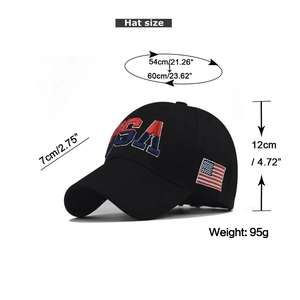 Detailed view of USA embroidery and flag patch on black cotton baseball cap with sizing info