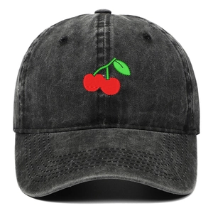 Washed black cotton baseball cap with red cherry embroidery and vintage distressed texture