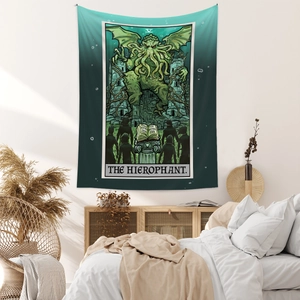 Detail of The Hierophant Cthulhu tarot tapestry hanging as bohemian bedroom wall decor