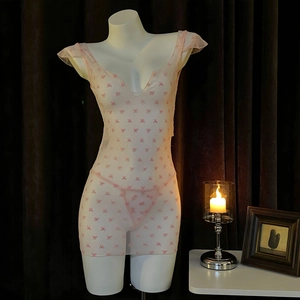 Pink Mesh Transparent Bowknot Print Lingerie Deep V Neck Ruffle Sleeve Backless Lace Up Mini Dress And Thong Sexy Sleepwear