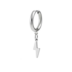 Detail shot of silver stainless steel hoop earring with a sleek lightning bolt pendant