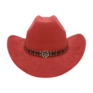 Detail of red faux suede western cowboy hat with brown leather band and metal studs