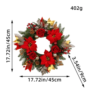 45cm Christmas wreath with red roses, pine needles and gold baubles decoration