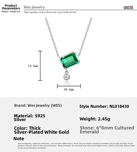 Detail showing S925 silver necklace dimensions and 6x8mm lab-grown emerald stone