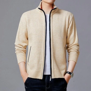 Men's stylish beige knitted cardigan with stand collar and full zipper closure