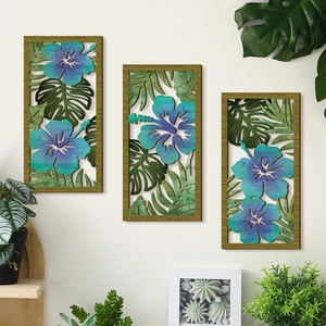 Three-piece modern wooden wall art set with cutout tropical leaf and floral patterns