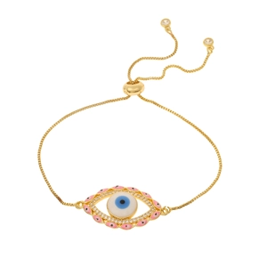 Adjustable gold evil eye bracelet with pink enamel and crystals on white background