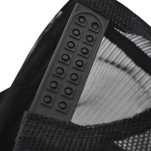 Detail of adjustable double-row plastic snapback closure on black mesh trucker cap
