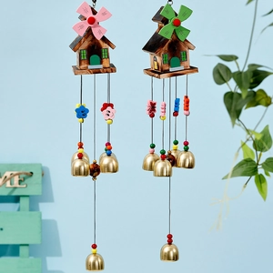 Handmade Wind Chimes Metal Bell Wood House Resin Animal Hanging Ornament Retro Japanese Style Outdoor Home Garden Porch Wall Decor