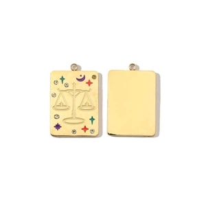 Detailed front and back view of a 14K gold plated Libra zodiac square pendant with crystals