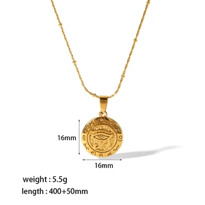 Detail of 18K gold plated evil eye pendant necklace with specific size and weight measurements