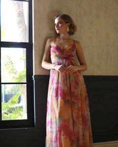 Detail of colorful floral print mesh maxi dress with waist cut-out and V-neckline
