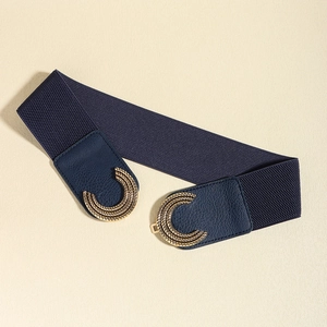 Elastic navy blue wide waist belt with golden layered C-shape buckle for dresses