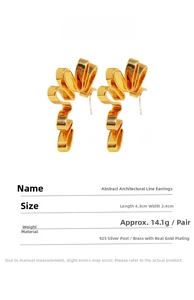 Detailed view of abstract gold-tone architectural wave earrings with measurements and specs
