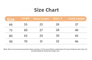 Detailed size chart for infant ribbed cotton rompers with measurements for 66 to 90 cm height