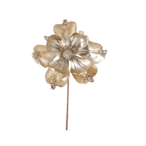 Elegant champagne gold artificial magnolia flower with glitter petals for Christmas decor