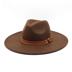 Detailed view of wide brim felt fedora hat featuring a brown leather band and silver studs