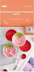 Detail view of handcrafted strawberry and watermelon ceramic bowls with matching spoons