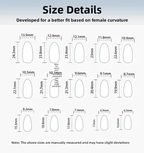Size chart showing 15 different almond nail tip dimensions for short French press-on nails