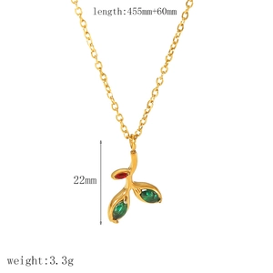 Collier feuille plaqué or 18k avec zircons verts et rouges, longueur 455mm plus 60mm