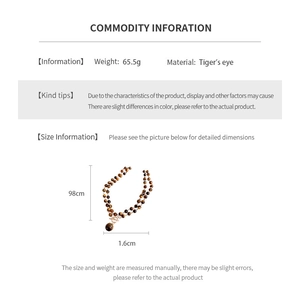 Detailed spec sheet for tiger's eye beaded necklace with 98cm length and 1.6cm bead size