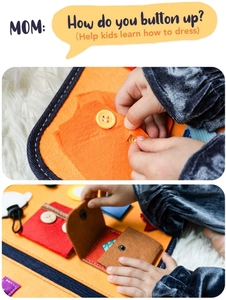Detail of Montessori busy board showing a child practicing with buttons and metal snaps