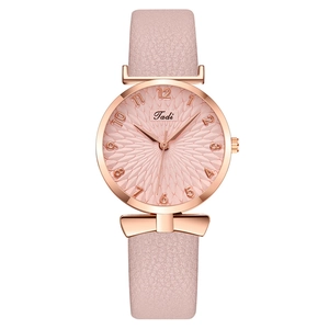 Fashion Women Quartz Watch Elegant Bowtie Detail Rose Gold Metal Case Faux Leather Strap Ladies Wristwatch For Daily Wear