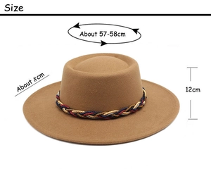 Size specifications for the wool fedora hat with dimensions of 57-58cm brim and height
