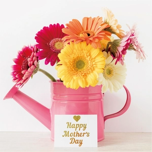 Detail of pink metal watering can with gerberas and Happy Mother's Day card