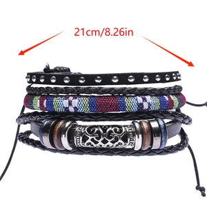Ethnic 4-piece multilayer leather bracelet set with wooden beads and woven cords 21cm