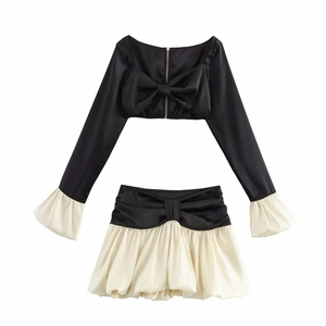 Satin Crop Top Und Minirock Kontrastfarbe Volantsaum Langarm Große Schleife Mode Urlaub Stil Frauen Kleidung