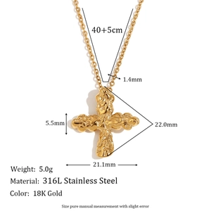 18K gold plated 316L stainless steel cross necklace with hammered texture finish