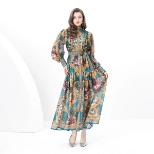 Retro deep teal maxi dress with golden baroque floral print and elegant lantern sleeves
