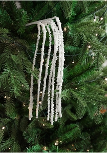 Detail of white beaded Christmas tree picks hanging on pine branches for holiday decor