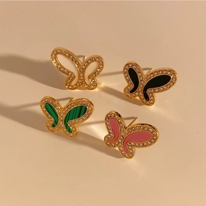 Boucles d'oreilles papillon de luxe avec cristaux colorés en acier inoxydable doré