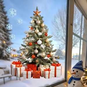 Detailed Christmas tree window clings with red gift box stickers and blue snowflakes