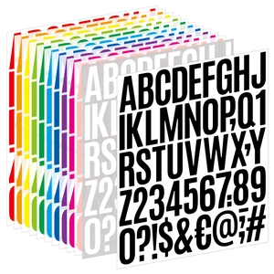 Macro view of 2-inch colorful alphabet and number stickers in stacked arrangement