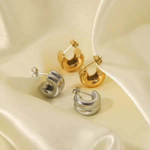 Polished double-layer 18K gold and silver stainless steel C-shape hoop earrings set