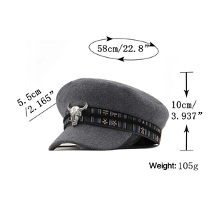 Dark grey flat top wool military hat with bull skull charm and ethnic woven band