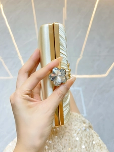 Detail der champagnerfarbenen Seiden-Abendtasche mit Plissee und Diamantblüten-Verschluss