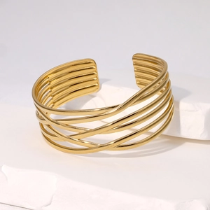 Bracelet jonc ouvert multicouche entrelacé irrégulier en acier inoxydable doré
