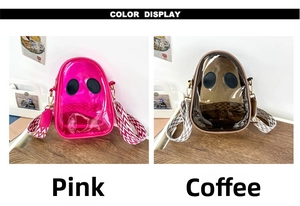 Pink and brown transparent PVC jelly bags with cartoon eyes and wide wavy straps