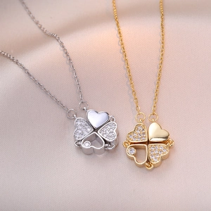 Magnetic Folding Clover Heart Pendant Necklace Titanium Stainless Steel Zircon Dual Wear Jewelry For Women