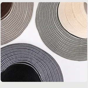 Women's summer sun visor hat with striped wide brim and elegant bow for sun protection