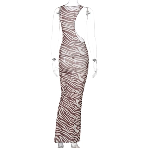 Close-up of brown zebra print sheer mesh dress featuring a deep backless design