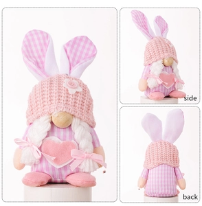 Detailed views of pink Easter gnome plush with bunny ears showing front side and back
