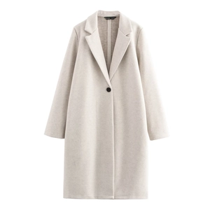 Minimalist beige wool coat for women featuring a stylish single button and notch lapel