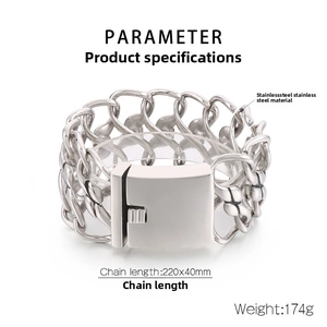 Detail showing the heavy industrial stainless steel link chain and wide rectangular clasp