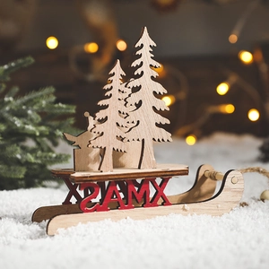 Festive wooden Christmas sleigh ornament with Xmas letters and miniature trees decor